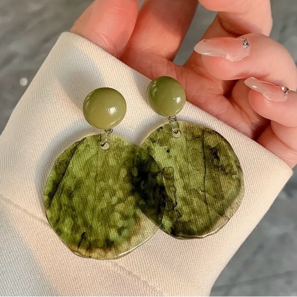 Round Olive Army Green Dangle Earrings Acrylic Posts Large Spring Summer Casual